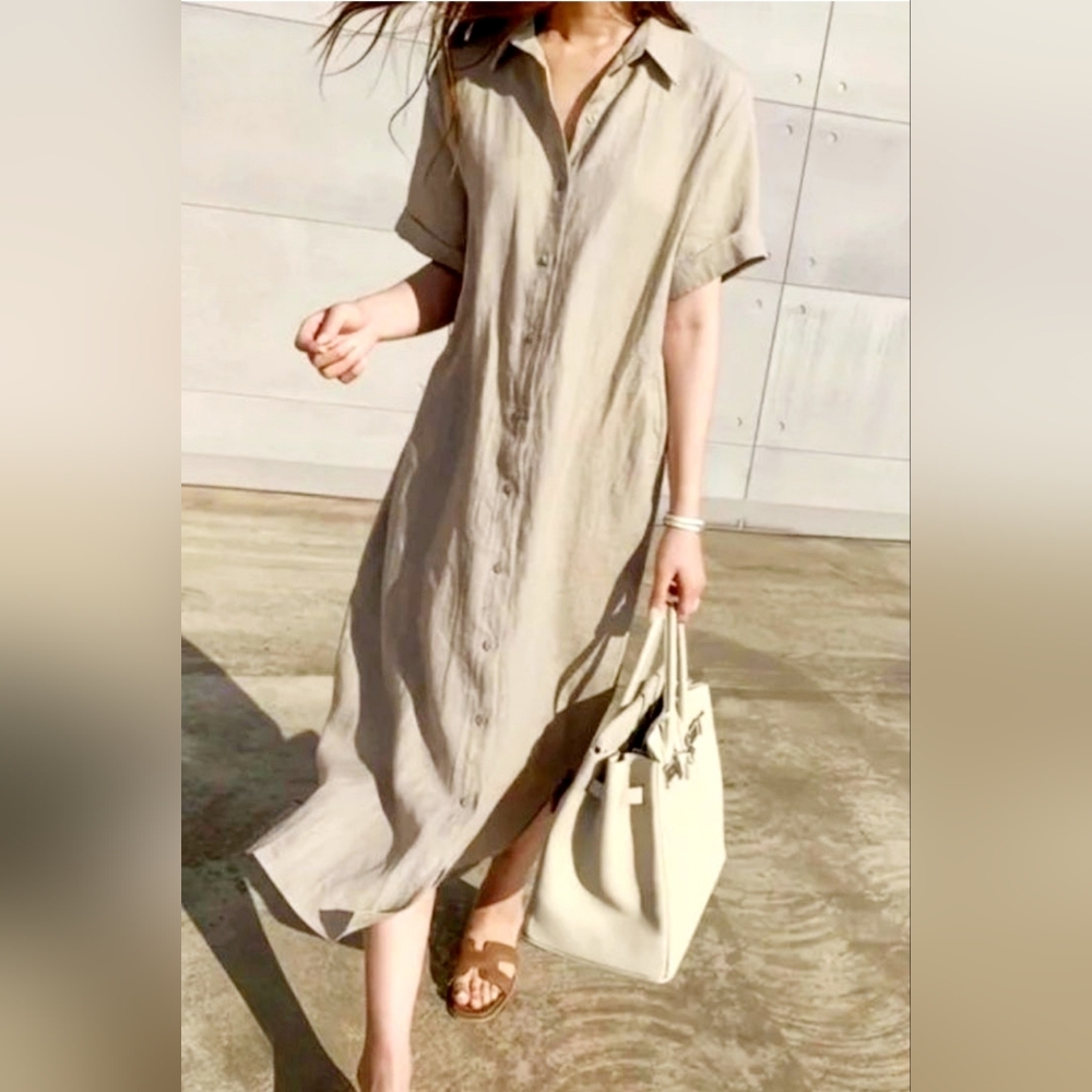 United Colors Of Benetton 100% Linen Maxi Shirt Dress M Short Sleeve Relaxed Fit
